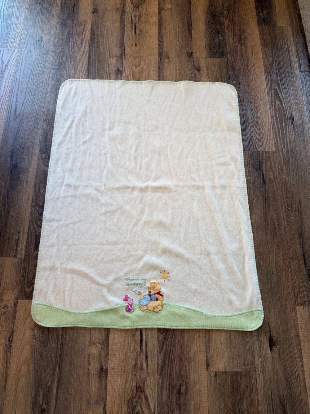 VTG Disney Winnie the Pooh Piglet Fleece Baby Blanket Green Border
